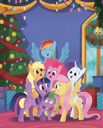 Size: 1188x1472 | Tagged: safe, artist:glenn thomas, imported from derpibooru, applejack, fluttershy, pinkie pie, rainbow dash, rarity, spike, twilight sparkle, alicorn, dragon, earth pony, pegasus, pony, unicorn, best gift ever, a perfectly pinkie present, applejack's hat, bell, bipedal, book, christmas, christmas tree, cowboy hat, female, g4, hat, holiday, little golden book, male, mane seven, mane six, mare, official, tree, twilight sparkle (alicorn), wreath