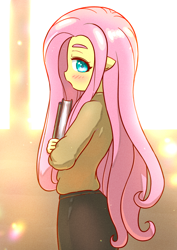 Size: 2508x3541 | Tagged: safe, artist:sigpi, imported from derpibooru, fluttershy, anthro, pegasus, :o, aside glance, blushing, book, clothes, colored pupils, cute, female, high res, looking at you, open mouth, shy, shyabetes, solo