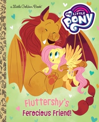 Size: 1679x2083 | Tagged: safe, artist:zoe persico, imported from derpibooru, fluttershy, manny roar, manticore, pegasus, pony, fluttershy's ferocious friend!, book, book cover, cover, female, g4, heart, little golden book, male, mare, my little pony logo, official, text