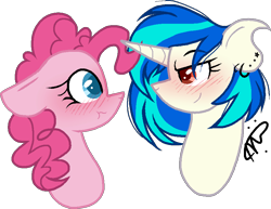 Size: 869x670 | Tagged: safe, artist:gallantserver, imported from derpibooru, dj pon-3, pinkie pie, vinyl scratch, pony, blushing, bust, female, lesbian, looking at each other, portrait, shipping, simple background, transparent background, vinylpie