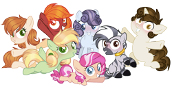 Size: 10080x5256 | Tagged: safe, artist:gallantserver, imported from derpibooru, oc, oc:citrus orange, oc:fudge muffin, oc:magdalena, oc:silver bells, oc:torch, earth pony, pegasus, pony, unicorn, zebra, absurd resolution, colt, female, filly, magical lesbian spawn, male, offspring, parent:apple bloom, parent:applejack, parent:aunt orange, parent:diamond tiara, parent:dinky hooves, parent:lickety split, parent:orion, parent:rainbow dash, parent:scootaloo, parent:uncle orange, parents:appledash, parents:diamondbloom, simple background, transparent background