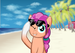 Size: 4550x3250 | Tagged: safe, artist:strategypony, imported from derpibooru, sunny starscout, earth pony, pony, beach, cloud, cute, female, g4, g5, g5 to g4, house, looking at you, mare, one eye closed, seaside, sky, sunglasses, sunnybetes, tree