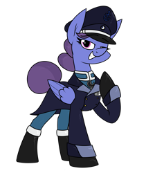 Size: 1127x1335 | Tagged: safe, artist:moonatik, imported from derpibooru, oc, oc only, unnamed oc, pegasus, pony, alternate timeline, boots, clothes, female, gloves, hair bun, hat, looking at you, mare, military uniform, new lunar millennium, nightmare takeover timeline, overcoat, peaked cap, pegasus oc, shoes, simple background, smiling, smiling at you, solo, tail bun, transparent background, uniform, wings