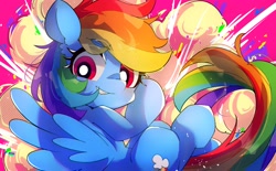 Size: 3511x2179 | Tagged: safe, artist:lexiedraw, imported from derpibooru, rainbow dash, pegasus, pony, blushing, explosion, female, high res, looking at you, mare, smiling, smiling at you, solo