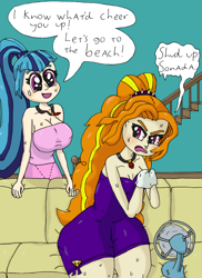 Size: 2550x3501 | Tagged: safe, artist:ewrrfb, imported from derpibooru, adagio dazzle, sonata dusk, human, equestria girls, allergies, bloodshot eyes, breasts, busty sonata dusk, couch, dialogue, handkerchief, high res, indoors, jewelry, magenta eyes, pendant, snot, speech bubble, stairs, sweat, wide hips