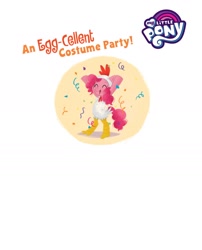 Size: 1134x1406 | Tagged: safe, artist:leire martin, imported from derpibooru, pinkie pie, earth pony, pony, an egg-cellent costume party, animal costume, bipedal, book, chicken suit, clothes, confetti, costume, female, g4, little golden book, mare, my little pony logo, nightmare night, official, text