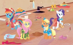 Size: 2268x1406 | Tagged: safe, artist:leire martin, imported from derpibooru, applejack, fluttershy, rainbow dash, rarity, earth pony, pegasus, pony, unicorn, an egg-cellent costume party, applejack's hat, book, bow, clothes, costume, cowboy hat, female, g4, hat, little golden book, mare, official, ribbon, shirt, t-shirt, witch hat