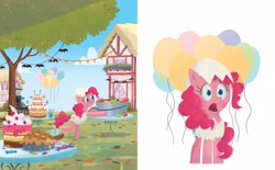 Size: 2268x1406 | Tagged: safe, artist:leire martin, imported from derpibooru, pinkie pie, earth pony, pony, an egg-cellent costume party, apple, apple bobbing, balloon, bipedal, book, bucket, cake, clothes, costume, cutie mark, cutie mark on clothes, eggshell, female, food, g4, little golden book, mare, official, pie, ponyville, solo, tree