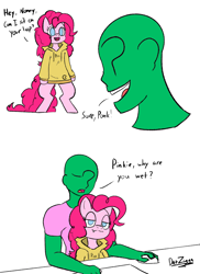 Size: 2784x3819 | Tagged: safe, artist:datzigga, imported from derpibooru, pinkie pie, oc, oc:anon, earth pony, human, pony, bipedal, breaking the fourth wall, comic, dialogue, high res, implied wetting, looking at you, sitting on lap, smiling, smirk