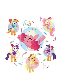 Size: 1134x1406 | Tagged: safe, artist:leire martin, imported from derpibooru, applejack, fluttershy, pinkie pie, rainbow dash, rarity, twilight sparkle, alicorn, earth pony, pegasus, pony, unicorn, an egg-cellent costume party, animal costume, applejack's hat, bipedal, book, candy, candy cane, chicken suit, clothes, confetti, costume, cowboy hat, crown, eggshell, element of magic, female, food, g4, hat, jewelry, little golden book, mane six, mare, official, regalia, twilight sparkle (alicorn)