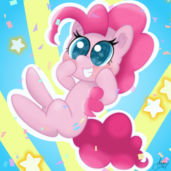 Size: 2160x2160 | Tagged: safe, artist:limitmj, imported from derpibooru, pinkie pie, earth pony, pony, abstract background, big eyes, confetti, cute, diapinkes, female, grin, high res, hoof on cheek, mare, smiling, solo, white outline