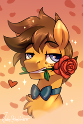 Size: 2000x3000 | Tagged: safe, artist:jedayskayvoker, imported from derpibooru, oc, oc only, oc:ballroom blitz, pegasus, pony, bowtie, bust, colored, colored sketch, flower, flower in mouth, full color, gradient background, high res, icon, looking at you, male, mouth hold, portrait, rose, rose in mouth, sketch, solo, sparkles, stallion