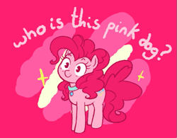 Size: 589x460 | Tagged: safe, artist:breezietype, imported from derpibooru, pinkie pie, earth pony, pony, behaving like a dog, collar, female, mare, pet tag, puppy pie, smiling, solo, sparkles