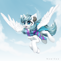 Size: 2000x2000 | Tagged: safe, artist:inowiseei, imported from derpibooru, oc, oc only, alicorn, pony, clothes, female, flying, high res, mare, scarf, solo