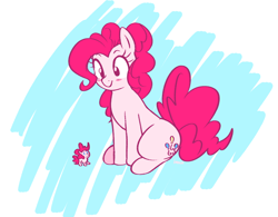 Size: 958x749 | Tagged: safe, artist:breezietype, imported from derpibooru, pinkie pie, earth pony, pony, blushing, duo, female, looking down, mare, micro, self ponidox, sitting, size difference, smiling, tiny, tiny ponies