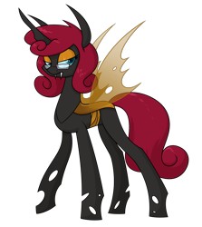 Size: 1627x1828 | Tagged: safe, artist:moonatik, imported from derpibooru, oc, oc only, changeling, changeling queen, pony, brown changeling, changeling queen oc, commission, eyeshadow, fangs, female, makeup, raised hoof, simple background, solo, transparent background, wings