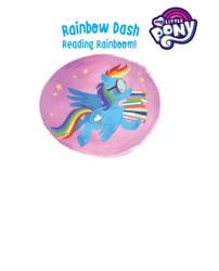 Size: 1134x1406 | Tagged: safe, artist:zoe persico, imported from derpibooru, rainbow dash, pegasus, pony, book, female, flying, g4, goggles, little golden book, mare, my little pony logo, official, pun, rainbow dash: reading rainboom, reading rainboom, text