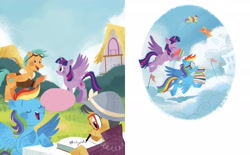 Size: 2268x1406 | Tagged: safe, artist:zoe persico, imported from derpibooru, a.k. yearling, daring do, puddle jump, rainbow dash, twilight sparkle, alicorn, pegasus, pony, book, cloud, cloudsdale, female, flag, flying, g4, little golden book, mare, official, on a cloud, ponyville, rainbow dash: reading rainboom, twilight sparkle (alicorn), unnamed character, unnamed pony