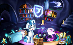 Size: 1280x800 | Tagged: safe, artist:appleneedle, imported from derpibooru, oc, oc:nyx, oc:unhappy joy, alicorn, pony, unicorn, art, book, candle, character, clothes, cute, digital, draw, drawing, fanart, female, filly, floppy ears, golden oaks library, magic, moon, moonlight, night, one ear down, paint, painting, pillow, socks, spell, striped socks, window