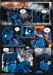 Size: 2480x3508 | Tagged: safe, artist:dsana, imported from derpibooru, oc, oc:lullaby dusk, oc:rust wing, pegasus, pony, timber wolf, comic:a storm's lullaby, bandage, climbing, cloud, comic, dialogue, duo, female, forest, high res, male, mouth hold, open mouth, outdoors, snow, speech bubble, tree