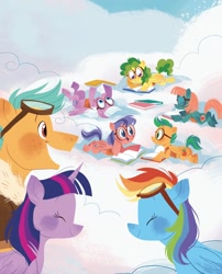 Size: 1134x1406 | Tagged: safe, artist:zoe persico, imported from derpibooru, puddle jump, rainbow dash, twilight sparkle, alicorn, pegasus, pony, book, cloud, cloudsdale, female, filly, flight camp, g4, goggles, junior speedsters, little golden book, male, mare, official, on a cloud, rainbow dash: reading rainboom, reading, stallion, twilight sparkle (alicorn), unnamed character, unnamed pony