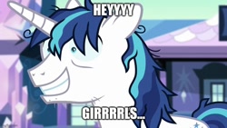 Size: 800x450 | Tagged: safe, edit, edited screencap, imported from derpibooru, screencap, shining armor, pony, unicorn, season 6, the crystalling, caption, cracked armor, image macro, male, meme, solo, teeth, text, this will end in rape