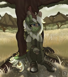 Size: 1440x1624 | Tagged: safe, artist:orbitingdamoon, imported from derpibooru, oc, oc only, kirin, pony, fallout equestria, background, cloak, clothes, field, grass, looking away, outdoors, shading, sitting, solo, sunlight, tree, under the tree