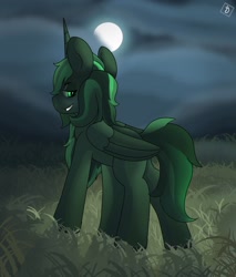 Size: 1440x1689 | Tagged: safe, artist:orbitingdamoon, imported from derpibooru, alicorn, pony, fallout equestria, artificial alicorn, background, grass, green, green alicorn (fo:e), grin, horn, looking at you, looking back, moon, night, smiling, solo, tall, wings