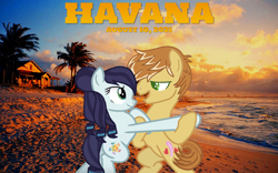 Size: 2064x1290 | Tagged: safe, artist:themexicanpunisher, edit, imported from derpibooru, coloratura, feather bangs, earth pony, 2021, august, beach, bipedal, camila cabello, colorabangs, cuba, dancing, female, havana, looking at each other, lyrics in the description, male, mare, ocean, shipping, smiling, smiling at each other, song reference, stallion, straight, summer, sunset, youtube link