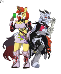 Size: 2480x3000 | Tagged: safe, artist:cyborglucario, imported from derpibooru, oc, oc only, oc:mystic fire, oc:silver scorch, anthro, kirin, unguligrade anthro, breasts, clothes, high res, kirin oc, milla maxwell, tales of berseria, tales of series, tales of xillia, velvet crowe