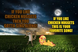 Size: 728x482 | Tagged: safe, artist:wissle, imported from derpibooru, sunset shimmer, pony, raccoon, unicorn, chicken meat, chicken nugget, duo, female, food, male, meat, meme, meme parody, nick bean, one eye closed, open mouth, parody, regular show, rigby, rigset, song reference