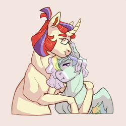 Size: 2000x2000 | Tagged: safe, artist:elf-hollow, imported from derpibooru, moondancer, oc, oc:flash flood, pegasus, pony, unicorn, female, glasses, high res, hug, magical lesbian spawn, male, missing accessory, mother and child, mother and son, offspring, parent:moondancer, parent:rainbow dash, parents:rainbowdancer, pouting, short hair, simple background, smiling, stallion