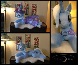 Size: 1280x1067 | Tagged: safe, artist:purplenebulastudios, imported from derpibooru, trixie, pony, cape, clothes, hat, irl, lying down, photo, plushie, prone, solo, trixie's cape, trixie's hat