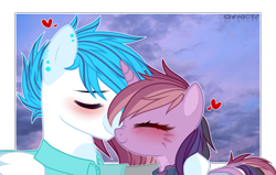 Size: 3525x2244 | Tagged: safe, artist:sparkie45, imported from derpibooru, oc, oc only, oc:sparkie, pegasus, pony, unicorn, clothes, eyes closed, female, heart, high res, hug, male, mare, shirt, stallion