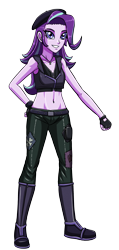 Size: 1432x3000 | Tagged: safe, artist:artemis-polara, imported from derpibooru, starlight glimmer, equestria girls, belly, belly button, beret, boots, clothes, gloves, hat, jewelry, midriff, necklace, pants, shoes, simple background, smiling, solo, transparent background, vest