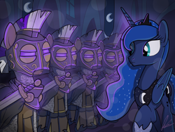 Size: 4000x3000 | Tagged: safe, artist:flaremoon, imported from derpibooru, princess luna, alicorn, pony, armor, castle, glowing eyes, guard, hallway, knight, royal guard, sword, weapon