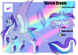 Size: 1920x1358 | Tagged: safe, artist:oneiria-fylakas, imported from derpibooru, oc, oc only, oc:boreal dream, alicorn, pony, female, mare, reference sheet, solo, tail feathers