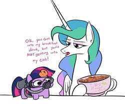 Size: 1042x869 | Tagged: safe, artist:jargon scott, imported from derpibooru, princess celestia, twilight sparkle, alicorn, pony, unicorn, celestia is not amused, chilli, dialogue, dive mask, duo, female, filly, filly twilight sparkle, food, goggles, mare, scuba, scuba gear, scuba mask, simple background, squatpony, twiggie, unamused, unicorn twilight, white background, younger