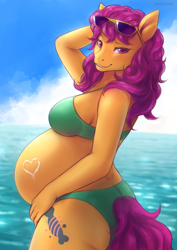 Size: 2480x3508 | Tagged: safe, artist:nsfwbonbon, imported from derpibooru, bon bon (g1), anthro, earth pony, belly, big belly, bikini, breasts, clothes, female, g1, high res, pregnant, smiling, solo, sunglasses, swimsuit