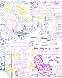 Size: 4779x6013 | Tagged: safe, artist:adorkabletwilightandfriends, imported from derpibooru, spike, twilight sparkle, alicorn, dragon, pony, comic:adorkable twilight and friends, adorkable, adorkable twilight, alert, awake, awakened, awkwakening, bed, bedroom, blanket, cake, caught, caught red hooved, cheating, chips, clock, comic, crunch, cute, dark, darkness, door, dork, eating, family, female, food, friendship, kitchen, lava lamp, light, magic, male, mare, midnight snack, night, pepper spray, pillow, refrigerator, shadows, sheet, sleeping, slice of life, snack, sneaking, surprised, twilight sparkle (alicorn)