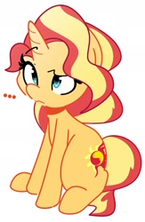 Size: 1289x1977 | Tagged: safe, artist:kindakismet, imported from derpibooru, sunset shimmer, pony, unicorn, equestria girls, ..., confused, female, horn, mare, raised eyebrow, simple background, sitting, solo, white background