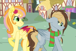 Size: 1197x816 | Tagged: safe, artist:dubstepicdj, imported from derpibooru, oc, oc only, oc:abeline grain macintosh, oc:ditzy discovery whooves, pegasus, pony, clothes, colored wings, colored wingtips, deviantart watermark, female, flower, flower in hair, mare, obtrusive watermark, offspring, parent:big macintosh, parent:derpy hooves, parent:doctor whooves, parent:fluttershy, parents:doctorderpy, parents:fluttermac, ponyville, scarf, watermark, wings