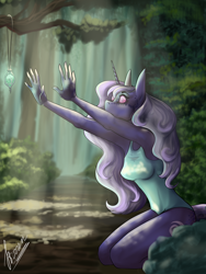 Size: 3000x4000 | Tagged: safe, alternate version, artist:stirren, imported from derpibooru, oc, oc only, anthro, unicorn, breasts, clothes, commission, forest, forest background, horn, hypnosis, jewelry, one-piece swimsuit, pendant, skinny, solo, story included, swimsuit, swirly eyes, ych result