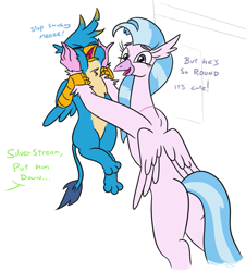 Size: 1095x1210 | Tagged: safe, artist:jargon scott, imported from derpibooru, gallus, silverstream, classical hippogriff, griffon, hippogriff, bipedal, bipedal leaning, butt, duo, female, happy, leaning, male, offscreen character, plot, size difference, squishy cheeks, streambutt