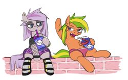 Size: 741x464 | Tagged: safe, artist:jargon scott, imported from derpibooru, oc, oc only, oc:nada phase, oc:papaya nectar, earth pony, pony, boots, clothes, drink, drinking, duo, female, fishnets, goth, hoof hold, mare, shoes, short, shorts, simple background, sitting, skirt, underwear, white background