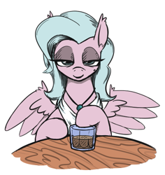 Size: 507x537 | Tagged: safe, artist:jargon scott, imported from derpibooru, oc, oc only, pegasus, pony, alcohol, beauty mark, bedroom eyes, glass, jewelry, looking at you, necklace, simple background, solo, spread wings, white background, wings