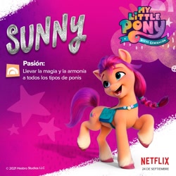 Size: 1080x1080 | Tagged: safe, imported from derpibooru, sunny starscout, earth pony, pony, abstract background, bag, female, g5, mare, my little pony: a new generation, my little pony: a new generation logo, netflix, official, satchel, solo, spanish, stars, text