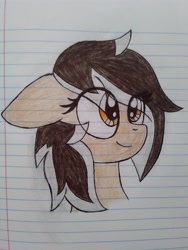 Size: 3120x4160 | Tagged: safe, artist:froyo15sugarblast, imported from derpibooru, oc, oc only, oc:hearty felt, pegasus, pony, bust, cute, eye clipping through hair, female, floppy ears, high res, irl, lined paper, looking up, mare, not a tomboy, notebook, photo, portrait, solo, traditional art