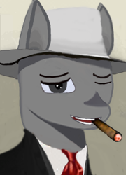 Size: 312x434 | Tagged: safe, artist:puginpocket, imported from derpibooru, oc, oc only, earth pony, pony, hat, looking at you, male, smiling, smoking, solo, stallion