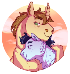Size: 1896x2000 | Tagged: safe, artist:elf-hollow, imported from derpibooru, donut joe, soarin', pegasus, pony, unicorn, chest fluff, chin fluff, cloud, crack shipping, curved horn, duo, duo male, ear fluff, eyebrows, eyes closed, gay, horn, hug, lidded eyes, male, neck fluff, no pupils, outdoors, shipping, sky, smiling, snuggling, soarinjoe, solo, stallion